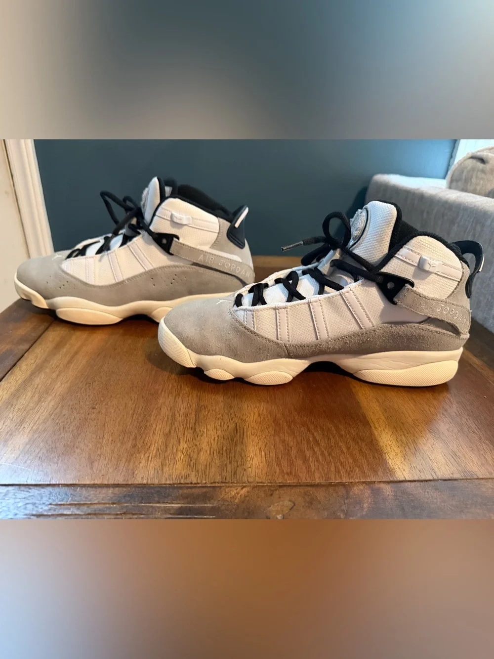 Jordan Suede Six Rings Basketball Sneakers in White, Gray & Black